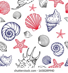 Seamless pattern with seashells and starfishes. Marine background.  Perfect for greetings, invitations, manufacture wrapping paper, textile and web design.