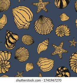 Seamless pattern with seashells and starfishes. Marine background.  Hand drawn vector illustration in sketch style. Perfect for greetings, invitations, coloring books, textile, wed