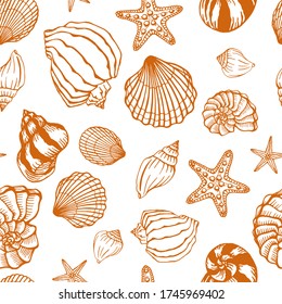 Seamless pattern with seashells and starfishes. Marine background.  Hand drawn vector illustration in sketch style. Perfect for greetings, invitations, coloring books, textile, wedding and web design.