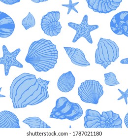 Seamless pattern with seashells, starfishes. Marine background.  Hand drawn vector illustration in sketch style. Perfect for greetings, invitations, coloring books, textile, wedding and web design.