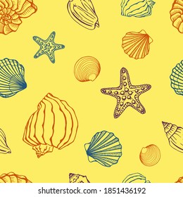 Seamless pattern with seashells, starfishes. Marine background.  Hand drawn vector illustration in sketch style. Perfect for greetings, invitations, coloring books, textile, wedding and web design.