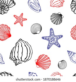 Seamless pattern with seashells, starfishes. Marine background.  Hand drawn vector illustration in sketch style. Perfect for greetings, invitations, coloring books, textile, wedding and web design.