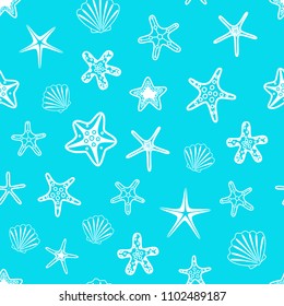 Seamless pattern with seashells and starfishes on blue background. Vector illustration.