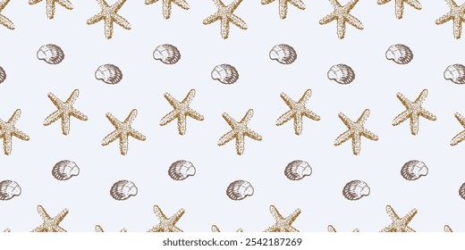 Patrón sin fisuras de conchas marinas y bocetos de estrellas de mar, fondo de Vector, Fondo de pantalla, papel, envoltura, textil, tela