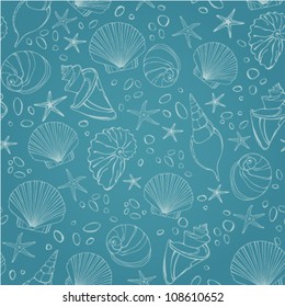 Seamless pattern with seashells and stones. Abstract dark texture