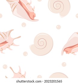 Seamless pattern of seashells in trendy gentle pastel pink colors. Vector illustration.