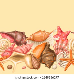 Seamless pattern with seashells. Tropical underwater mollusk shells decorative illustration.