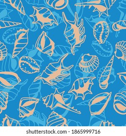 Seamless pattern with seashells. Tropical underwater mollusk shells decorative illustration.