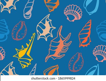 Patrón sin foco con conchas. Obstáculos tropicales de moluscos submarinos ilustran la decoración.