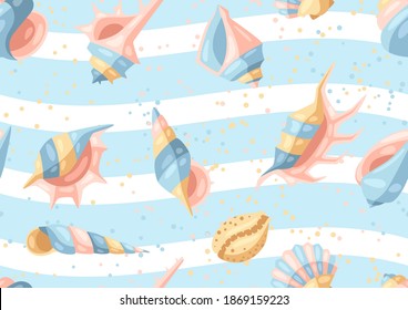 Seamless pattern with seashells. Tropical underwater mollusk shells decorative illustration.