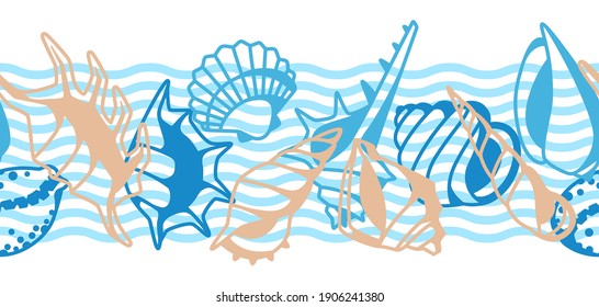 Patrón sin foco con conchas. Obstáculos tropicales de moluscos submarinos ilustran la decoración.