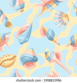 Seamless pattern with seashells. Tropical underwater mollusk shells decorative illustration.