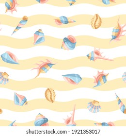 Seamless pattern with seashells. Tropical underwater mollusk shells decorative illustration.