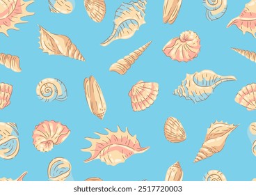 Patrón sin fisuras con conchas marinas. Ilustración de conchas de moluscos submarinos tropicales.