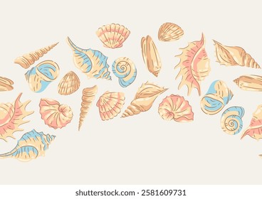 Seamless pattern with seashells. Tropical underwater mollusk shells illustration.