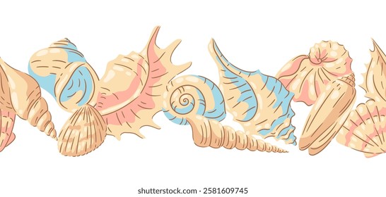 Seamless pattern with seashells. Tropical underwater mollusk shells illustration.