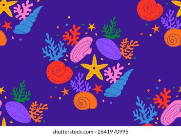 Seamless pattern with seashells. Tropical underwater mollusk shells illustration