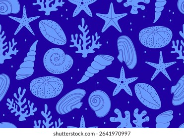 Seamless pattern with seashells. Tropical underwater mollusk shells illustration