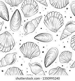Seamless pattern of seashells, vector