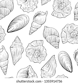 Seamless pattern of seashells, vector