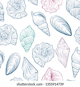 Seamless pattern of seashells, vector
