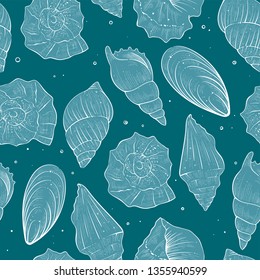 Seamless pattern of seashells, vector