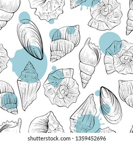 Seamless pattern of seashells, vector