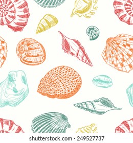Seamless pattern with seashells. Vector card with Sea Shells. Tropical design. Endless texture can be used for printing onto fabric, pattern fills, surface textures and paper or invitation.