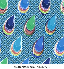 Seamless pattern with seashells in waves background. 