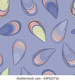 Seamless pattern with seashells in waves background. 