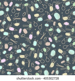 Seamless pattern seaside holiday on dark cyan background. Summer elements. Vector illustration