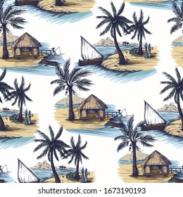 Seamless pattern with seaside, palms and boat in graphic style. Vector.