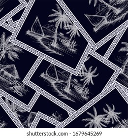 Seamless pattern with seaside, palms and boat in graphic style. Vector.