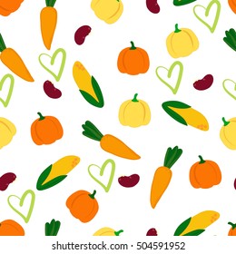 Seamless pattern season vegetables. Autumn holidays white background for decoration design. Thanksgiving Day. Hand-drawing heart. The concept of love for the kitchen.