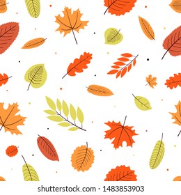 Seamless pattern with seasonal autumn leaves fallen from trees isolated on white background flat style cartoon vector illustration for wrapping paper, textile prins and background decorative backdrops