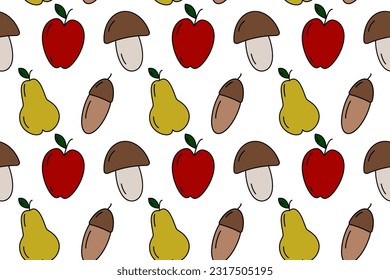 Seamless pattern of seasonal fruits as mushroom, apple, pear and acorn. Thanksgiving day. Vector. 