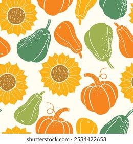 Seamless pattern with seasonal harvesting crop, pumpkins, squashes and sunflowers. hand drawn vector illustration