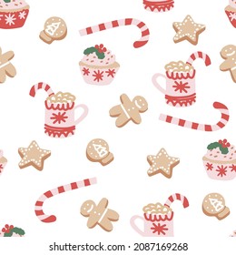 Seamless pattern with seasonal winter desserts. Christmas repeating texture for surface design, wallpapers, fabrics, wrapping paper etc.