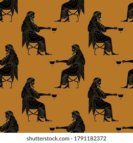 Seamless pattern with seated ancient Greek man holding cup. God of wine Dionysus or Bacchus. Monochrome silhouette. Vase painting style.