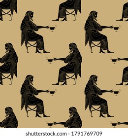 Seamless pattern with seated ancient Greek man holding cup. God of wine Dionysus or Bacchus. Monochrome silhouette. Vase painting style.