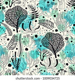 Seamless pattern with seaweed and coral. Freehand drawing. Can be used on packaging paper, fabric, background for different images and etc.