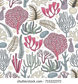 Seamless pattern with seaweed and coral. Freehand drawing. Can be used on packaging paper, fabric, background for different images and etc.