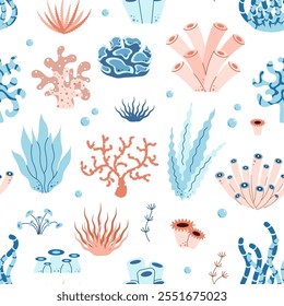 Seamless pattern with seaweed, coral, reef, algae, sea plants. Ocean underwater theme. Flat vector illustration