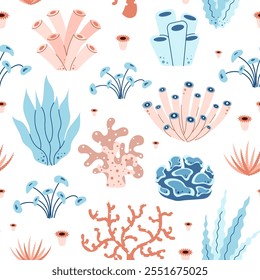 Seamless pattern with seaweed, coral, reef, algae, sea plants. Ocean underwater theme. Flat vector illustration