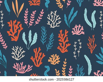 Seamless pattern of seaweed and corals. Concept of ocean flora and fauna, marine and underwater life, summertime. Colored vector illustration, isolated on blue.