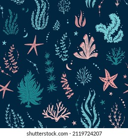 Seamless pattern with seaweed,  corals and starfishes. Marine dark blue background. For printing, fabric, textile, manufacturing, wallpapers. Under the sea.