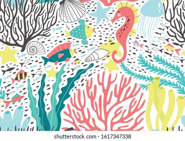 Seamless pattern with seaweed, corals and underwater animals. Vector illustration. 