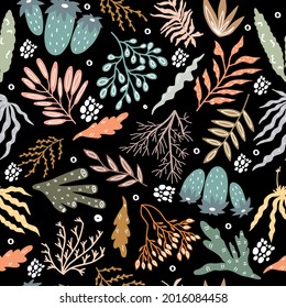 Seamless pattern with seaweed. Design of fabrics, women's clothing, wallpaper with algae. Doodle style. Set with sea plants. The underwater world of plants. 