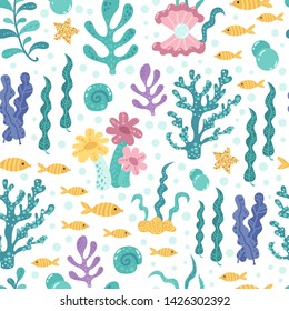 Seamless pattern with seaweed and fish