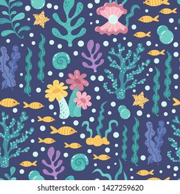 Seamless pattern with seaweed and fish. Vector illustration for your design